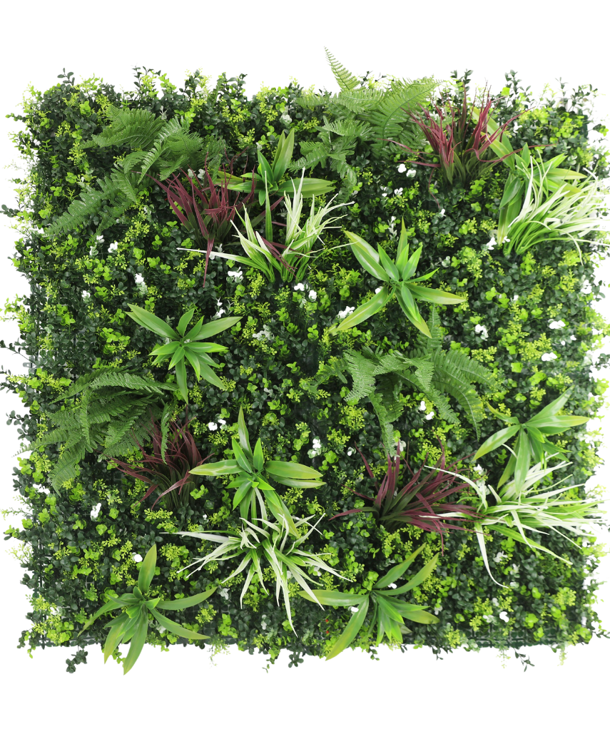 La siepe artificiale Rona 100x100 cm UV è un pannello quadrato con un rigoglioso mix di fogliame verde, felci e piccole piante frondose con accenti bianchi e bordeaux, il tutto su un fresco sfondo bianco.