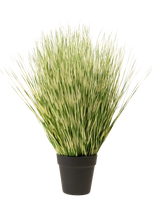 La pianta di erba artificiale Zebra da 55 cm ha foglie lunghe e sottili simili a erba variegate di verde e bianco in un semplice vaso nero, su uno sfondo bianco a tinta unita.