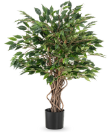 La pianta artificiale Ficus Liana 90 cm ha tronchi marroni contorti e foglie verdi dense in un vaso nero, ideale come pianta da ufficio o per qualsiasi collezione di ficus, raffigurata su uno sfondo bianco.
