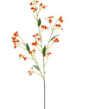 Il ramo artificiale Daphne Spray 108 cm arancione ha un unico, lungo ramo artificiale con piccoli fiori arancioni brillanti e foglie verdi, su uno sfondo bianco semplice.