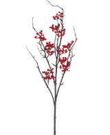 La bacca artificiale da 93 cm rossa ha un ramo nudo marrone con molteplici germogli e grappoli di bacche rosso vivo su uno sfondo bianco semplice.