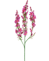 Un fiore artificiale di erba gatta da 75 cm rosa chiaro ha un unico stelo verde con tre rami, ciascuno con grappoli di piccoli fiori rosa chiaro e foglie verdi, su uno sfondo bianco semplice.