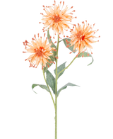 Un fiore artificiale Scabiosa Japonica con stelo di pesca di 70 cm con tre fiori artificiali arancioni, petali appuntiti e foglie verdi, raffigurato su uno sfondo bianco.