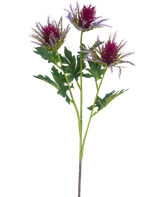 Il cardo ramo artificiale viola da 67 cm ha un unico stelo con tre fiori appuntiti simili a cardi viola e foglie verdi irregolari su uno sfondo bianco.