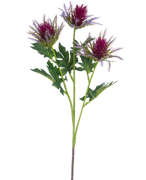 Il cardo ramo artificiale viola da 67 cm ha un unico stelo con tre fiori appuntiti simili a cardi viola e foglie verdi irregolari su uno sfondo bianco.
