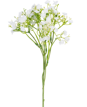 Un unico ramo artificiale di Baby's Breath di 46 cm con piccoli fiori bianchi delicati e steli verdi su sfondo bianco a tinta unita.