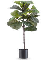 La pianta artificiale Ficus Tabacco Deluxe 90 cm è una pianta d'appartamento artificiale alta con grandi foglie verdi lucide in un vaso nero, raffigurata su un semplice sfondo bianco.