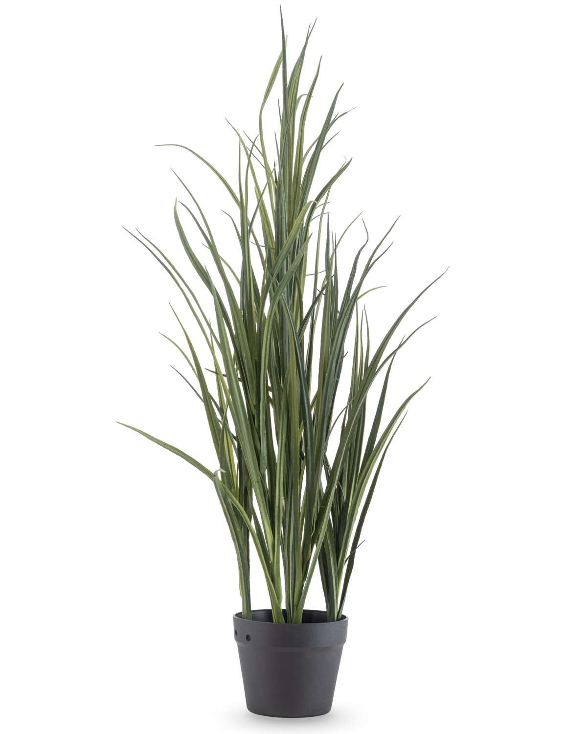 L'erba artificiale verde UV 90 cm è una pianta artificiale alta con foglie verdi lunghe e sottili che stanno in piedi in un vaso grigio scuro su uno sfondo bianco semplice.