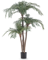 La palma artificiale Cycas Classic da 165 cm ha molteplici tronchi marroni e foglie verdi lussureggianti in un semplice vaso nero, su uno sfondo bianco: una palma realistica che porta un'eleganza naturale in ogni stanza.