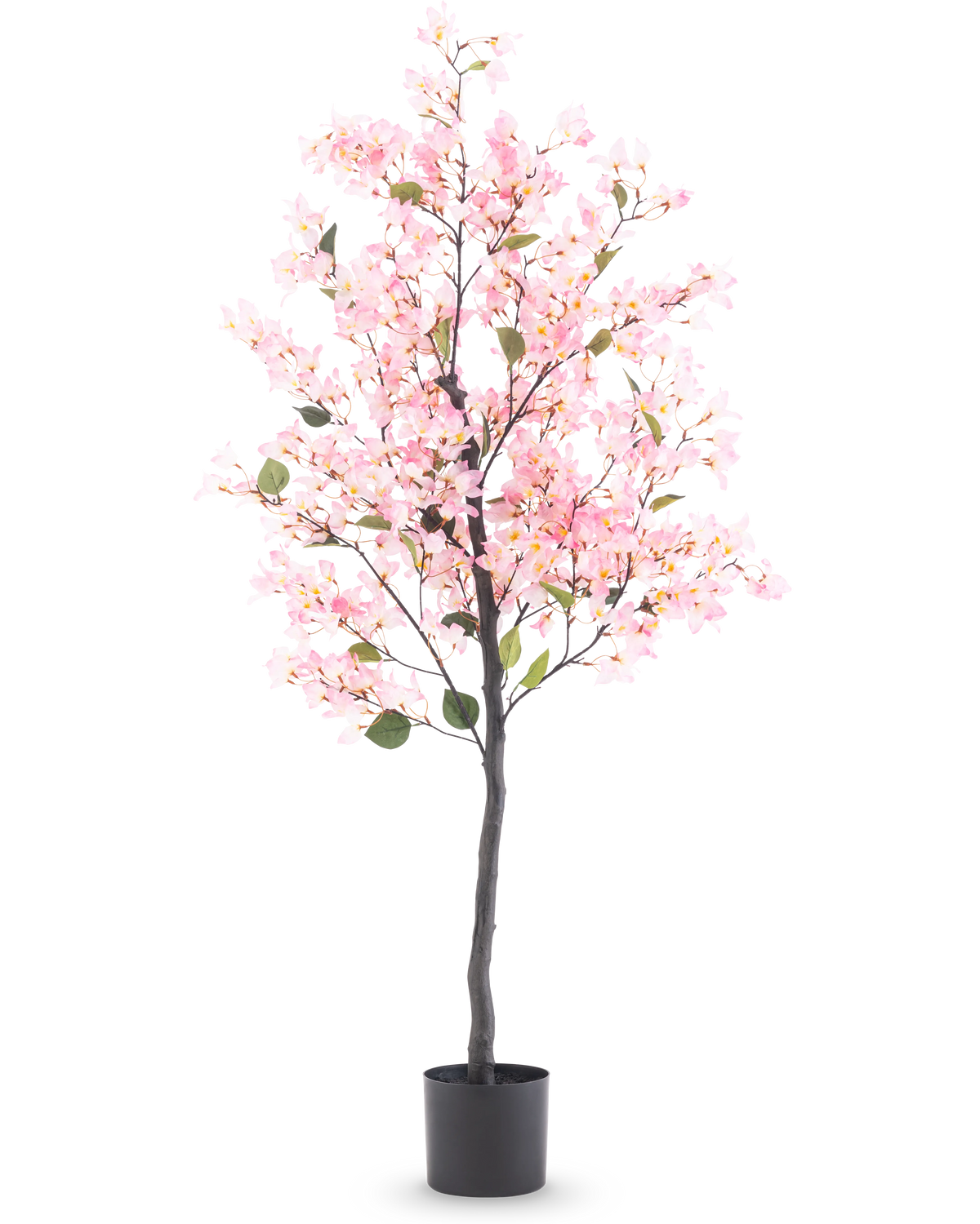 Pianta artificiale Bouganvillea 150 cm rosa con fiori rosa e foglie verdi in vaso nero, isolata su sfondo bianco.
