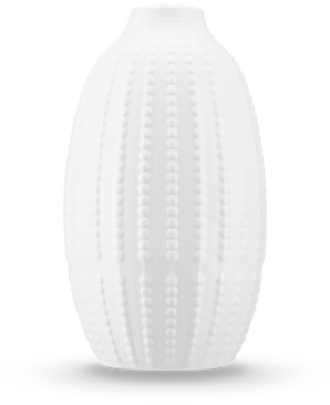 Il vaso Little Flora da 21 cm in bianco sporco è un vaso in ceramica opaca con un motivo puntinato in rilievo ispirato ai ricci di mare - ideale per fiori artificiali - su uno sfondo bianco a tinta unita.