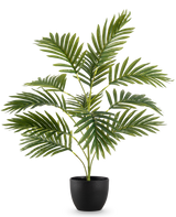 La palma artificiale Phoenix da 65 cm, con foglie verdi lussureggianti, si trova in un elegante vaso decorativo nero su uno sfondo bianco a tinta unita.