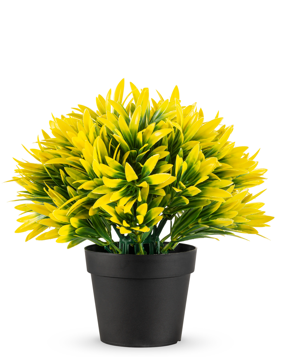 La Pianta artificiale Sole giallo in vaso UV 22 cm ha un vaso da fiori nero con una fitta pianta artificiale con foglie gialle e verdi appuntite, perfetta per illuminare ogni stanza.