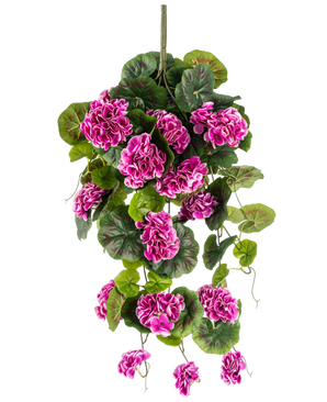 La pianta artificiale di geranio pensile viola da 75 cm ha foglie verdi lussureggianti e grappoli di vivaci fiori viola-magenta con bordi bianchi, che cadono con grazia lungo uno stelo verticale per una bellissima esposizione sospesa.