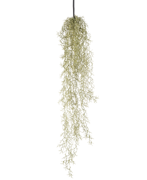 Una pianta pensile artificiale Grass 91 cm con lunghe foglie verdi chiare pendenti da un cordone nero su uno sfondo bianco.