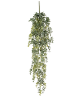 La pianta artificiale di eucalipto pensile da 60 cm ha piccole foglie verdi rotonde e realistiche che cadono verso il basso, creando un eucalipto artificiale realistico su uno sfondo bianco a tinta unita.