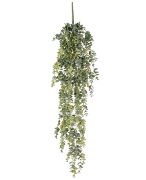 La pianta artificiale di eucalipto pensile da 60 cm ha piccole foglie verdi rotonde e realistiche che cadono verso il basso, creando un eucalipto artificiale realistico su uno sfondo bianco a tinta unita.