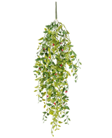 La pianta pensile artificiale Gardenia con bacche 81 cm è una pianta pensile artificiale con foglie verdi e piccole bacche rosse, raffigurata su sfondo bianco.