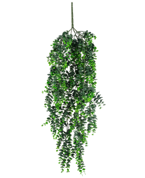 La pianta pensile artificiale Eucalipto UV 80 cm ha foglie verdi fitte e cadenti e uno stelo visibile nella parte superiore, su uno sfondo bianco a tinta unita.
