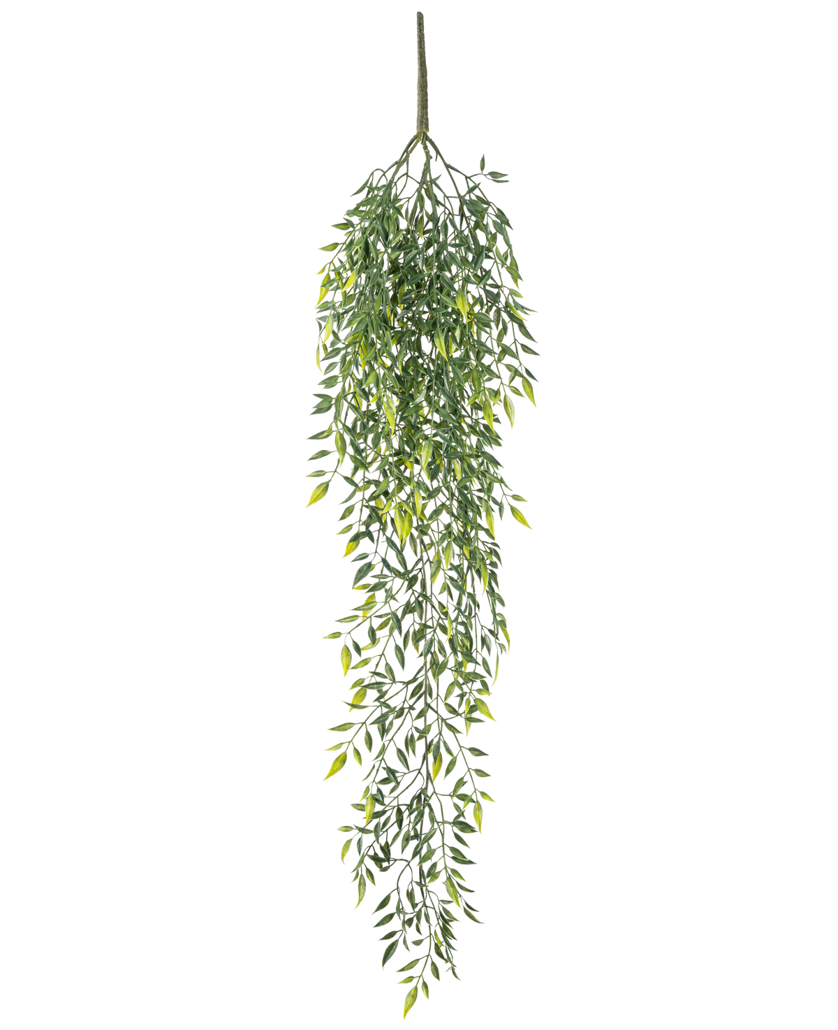La pianta artificiale di bambù pendente da 90 cm è un arbusto artificiale di bambù pendente con molte piccole foglie su rami sottili, su uno sfondo bianco semplice.