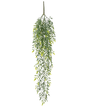 La pianta artificiale di bambù pendente da 90 cm è un arbusto artificiale di bambù pendente con molte piccole foglie su rami sottili, su uno sfondo bianco semplice.