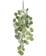 La pianta pensile artificiale Eucalipto 73 cm ha foglie verdi rotonde su diversi steli che pendono con grazia su uno sfondo bianco.