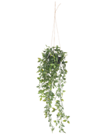 La pianta artificiale Scindapsus pendente in vaso da 73 cm ha foglie verdi rigogliose e lunghi viticci sinuosi, sospesi da una corda sottile su uno sfondo bianco a tinta unita.
