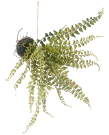 La palla di felce artificiale da appendere, da 45 cm, ha foglie verdi simili a felci pendenti ed è appesa a un filo, perfetta per essere esposta su uno sfondo bianco.