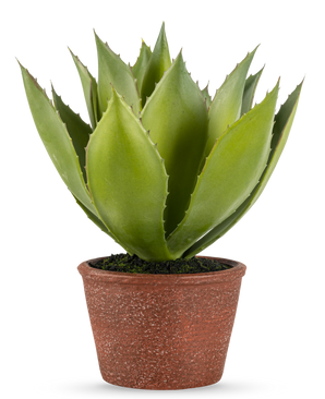La pianta artificiale Agave da 25 cm ha foglie verdi spesse e appuntite in un vaso rosso-marrone con texture, su uno sfondo bianco a tinta unita.