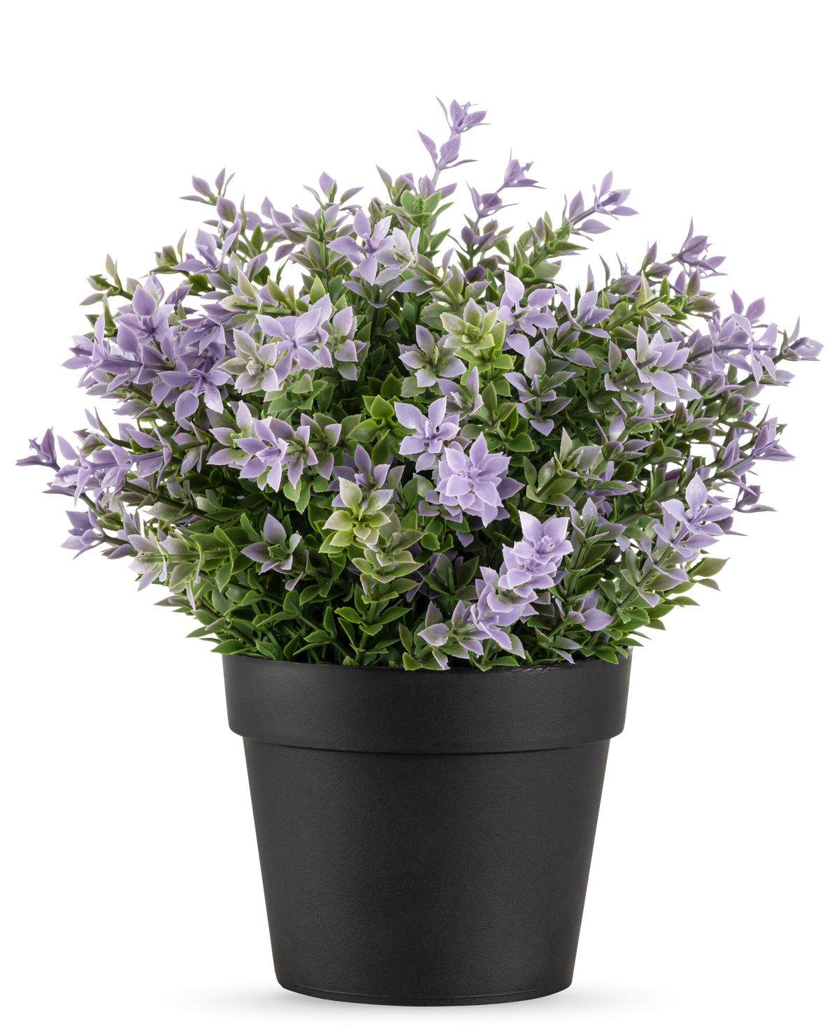 La pianta artificiale Buxus viola UV 22 cm ha un vaso da fiori nero con una rigogliosa pianta artificiale con piccoli fiori viola chiaro e foglie verdi su uno sfondo bianco.