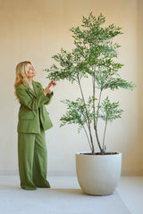 All'interno c'è una donna vestita di verde che sorride mentre tocca delicatamente le foglie della pianta Artificiale Ruscus 180 cm. Una parete semplice e di colore chiaro funge da sfondo e crea un'atmosfera calma e naturale.