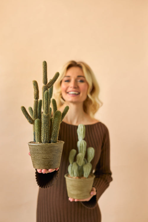 Una donna sorridente con un abito marrone tiene in mano due piante in vaso di Cactus Cereus artificiale da 35 cm, una grande e una piccola, su uno sfondo beige a tinta unita.