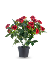Una pianta artificiale da patio rosa da 35 cm in rosso/nero presenta vivaci rose artificiali rosse con foglie verdi lussureggianti in un vaso nero, su uno sfondo bianco semplice.