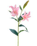 Il fiore artificiale Giglio Real Touch rosa 95 cm ha un unico stelo verde con due gigli rosa in fiore e un bocciolo chiuso, circondato da lunghe foglie verdi appuntite, su uno sfondo bianco.