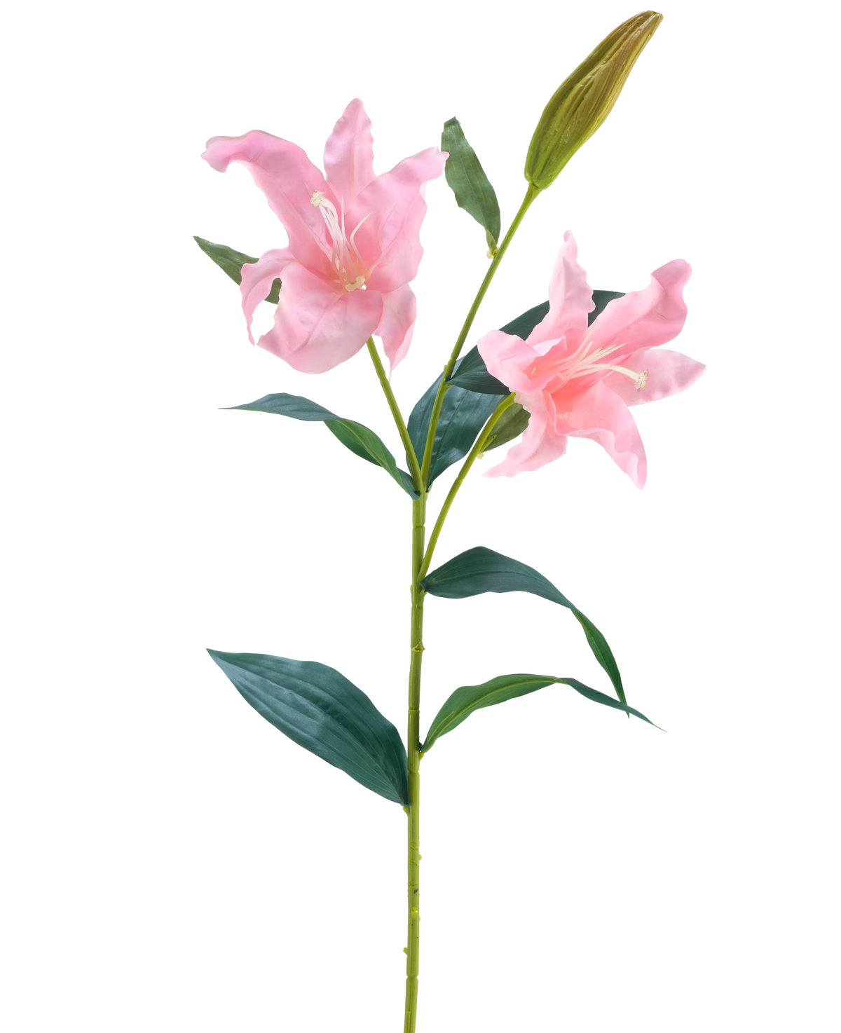 Il fiore artificiale Giglio Real Touch rosa 95 cm ha un unico stelo verde con due gigli rosa in fiore e un bocciolo chiuso, circondato da lunghe foglie verdi appuntite, su uno sfondo bianco.