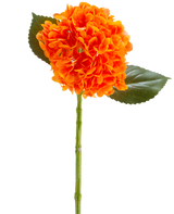 Il fiore artificiale Charlotte Hydrangea Real Touch arancione 55 cm ha un vivace fiore di ortensia arancione con petali, uno stelo verde e due grandi foglie verdi su uno sfondo bianco.