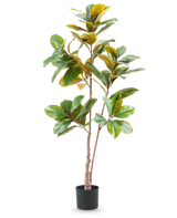 L'albero artificiale di Yulania da 150 cm è una pianta artificiale alta e realistica con ampie foglie verdi e gialle in un vaso nero, su uno sfondo bianco semplice.