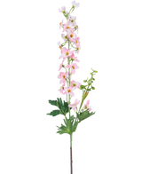 Un singolo fiore artificiale Delphinium 79 cm rosa chiaro ha numerosi piccoli fiori rosa chiaro e foglie verdi, isolati su uno sfondo bianco.