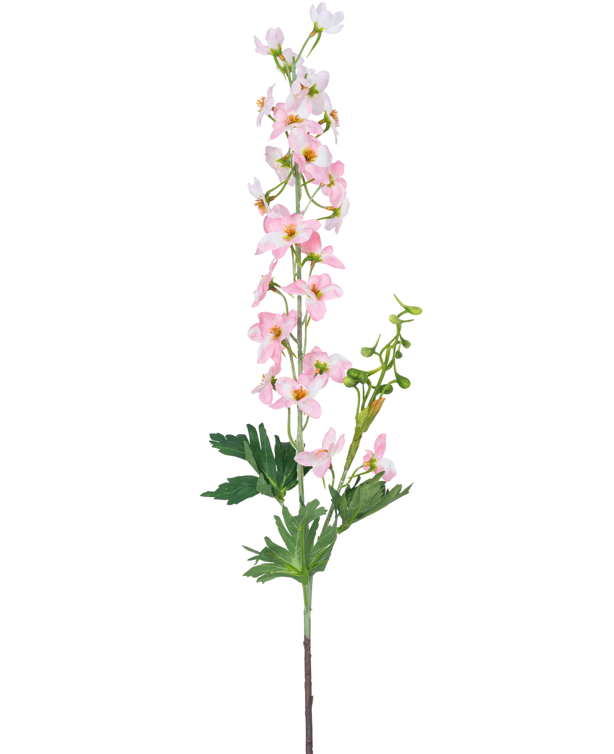 Un singolo fiore artificiale Delphinium 79 cm rosa chiaro ha numerosi piccoli fiori rosa chiaro e foglie verdi, isolati su uno sfondo bianco.