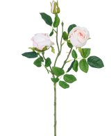 Il ramo di rosa artificiale Real Touch rosa da 72 cm ha un unico stelo con due fiori di rosa chiaro, un bocciolo di rosa e foglie verdi, isolati su uno sfondo bianco.