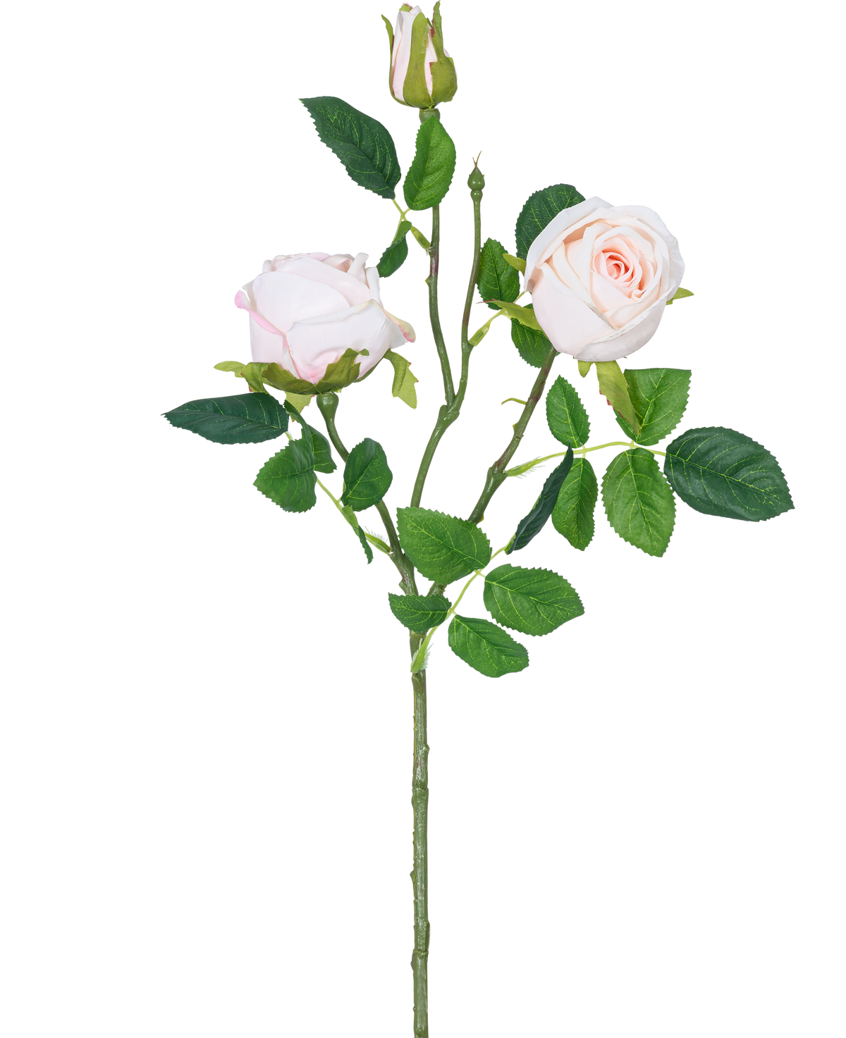 Il ramo di rosa artificiale Real Touch rosa da 72 cm ha un unico stelo con due fiori di rosa chiaro, un bocciolo di rosa e foglie verdi, isolati su uno sfondo bianco.