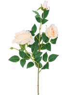 La rosa artificiale Neo deluxe da 75 cm beige ha un gambo singolo con due rose in fiore beige chiaro, un bocciolo di rosa e diverse foglie verdi, su uno sfondo bianco semplice.