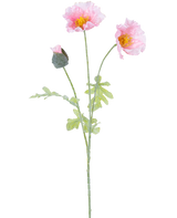 Il fiore artificiale Papavero 73 cm rosa chiaro ha un unico stelo con due fiori di papavero rosa chiaro aperti, un bocciolo chiuso, balze nei petali, cuori gialli e foglie verdi su sfondo bianco.