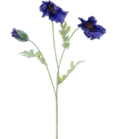 Un'illustrazione botanica del fiore artificiale Papavero 73 cm blu scuro mostra tre steli verde chiaro: due con volant di fiori blu scuro e uno con un bocciolo chiuso su uno sfondo bianco.