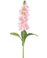 Il fiore artificiale Violier 78 cm rosa è un fiore artificiale singolo rosa chiaro con numerosi piccoli fiori lungo lo stelo verticale e foglie verdi, su uno sfondo bianco.