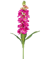 Un singolo fiore artificiale Violier da 78 cm fucsia con molteplici fiori rosa vibranti e foglie verdi su uno sfondo bianco semplice.