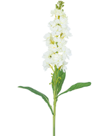 Il fiore artificiale Violier bianco da 78 cm ha un lungo stelo con fiori bianchi riuniti in mazzi nella parte superiore e lunghe foglie verdi, su uno sfondo bianco uniforme.