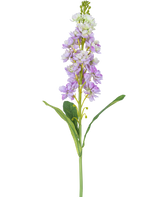 Un singolo fiore Violier artificiale di 78 cm di colore viola chiaro e bianco con foglie verdi, su sfondo bianco.