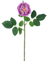 La rosa da giardino artificiale "Anniken" Real Touch in viola è una rosa artificiale singola lunga 72 cm con un fiore viola chiaro e foglie verdi, raffigurata su uno sfondo bianco.