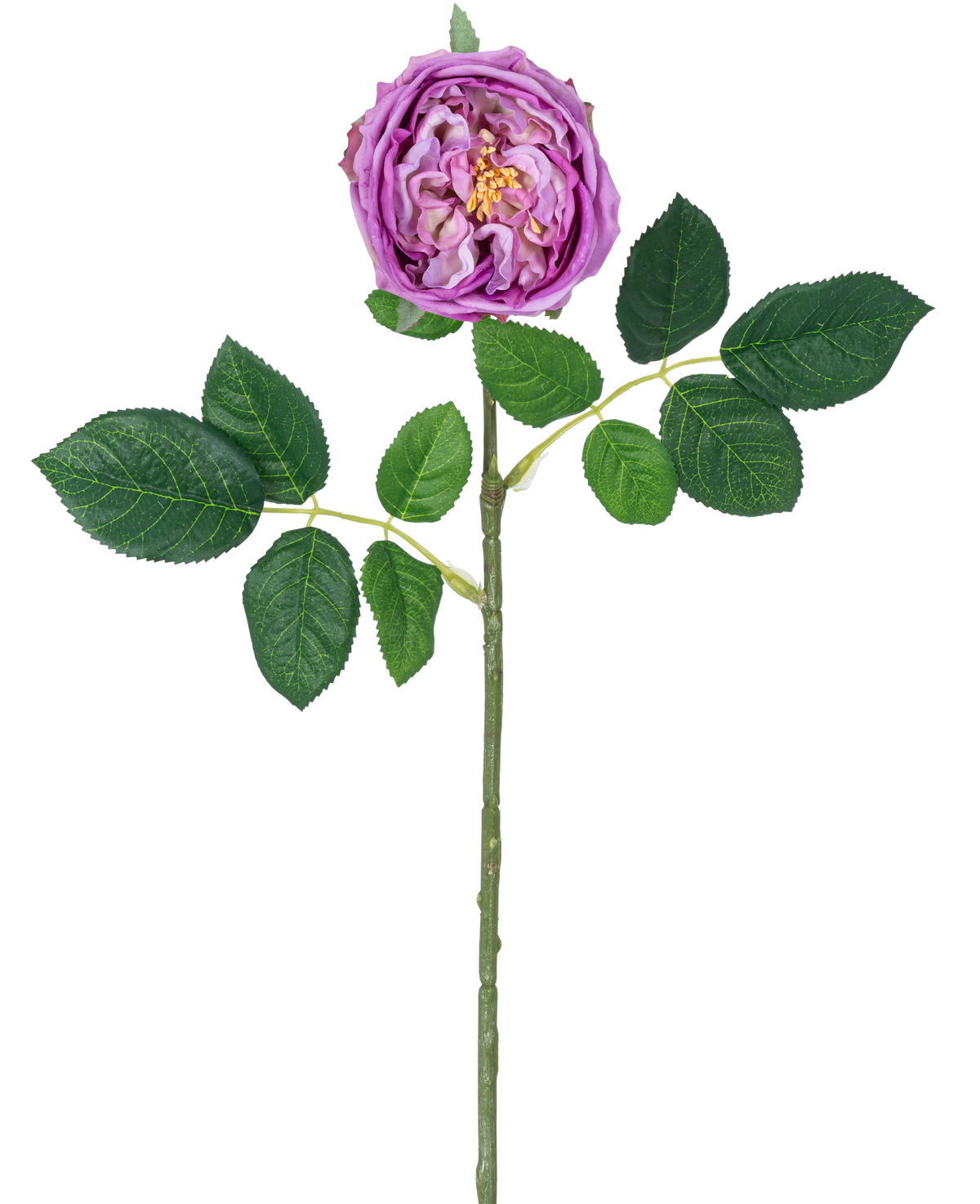La rosa da giardino artificiale "Anniken" Real Touch in viola è una rosa artificiale singola lunga 72 cm con un fiore viola chiaro e foglie verdi, raffigurata su uno sfondo bianco.